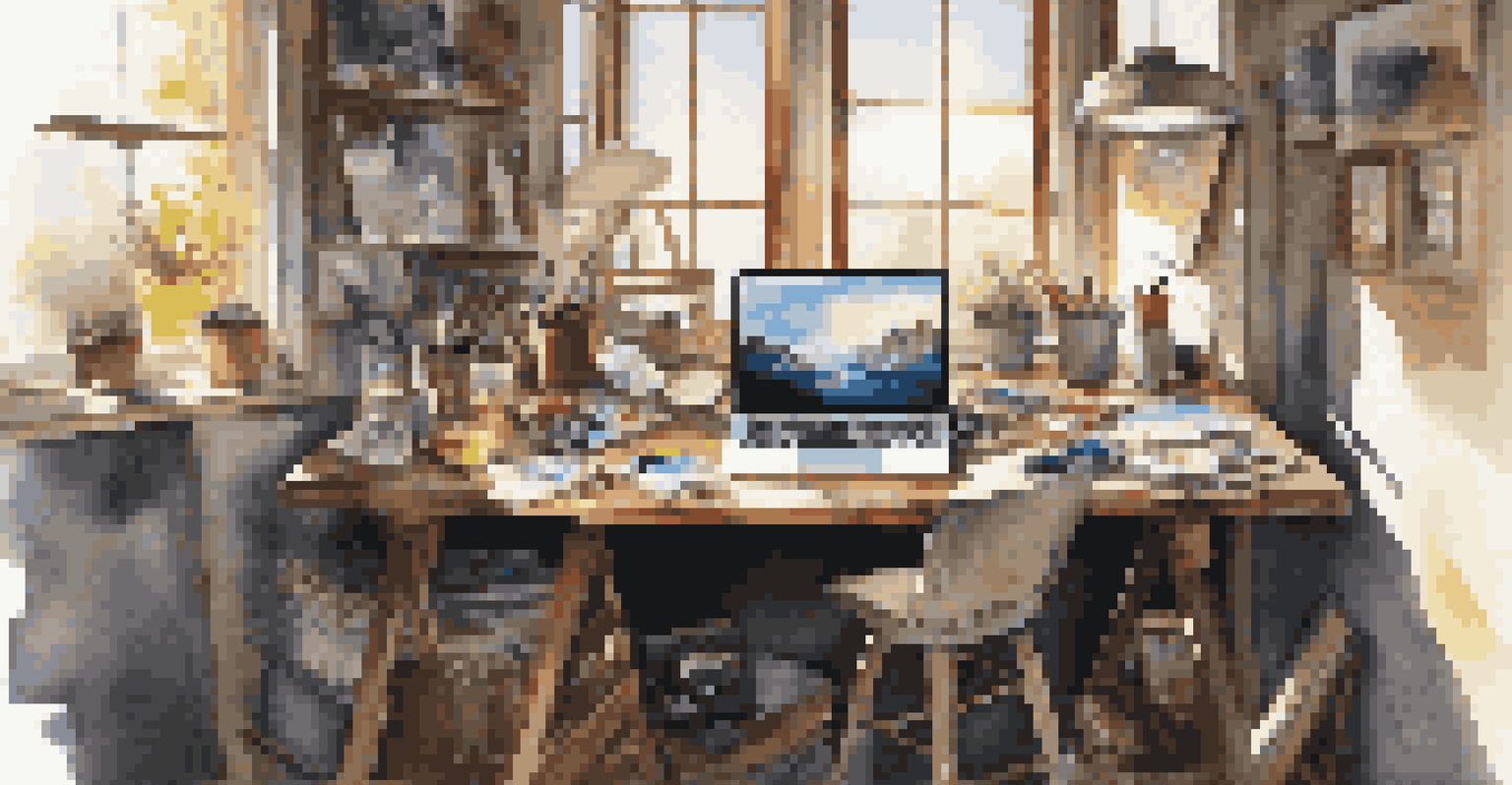 An artist's workspace with a laptop showing an online portfolio, surrounded by art supplies and sunlight.