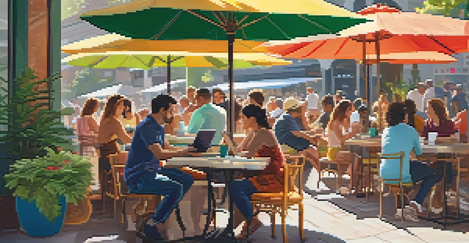 A person working on a laptop at an outdoor café surrounded by patrons and colorful plants.