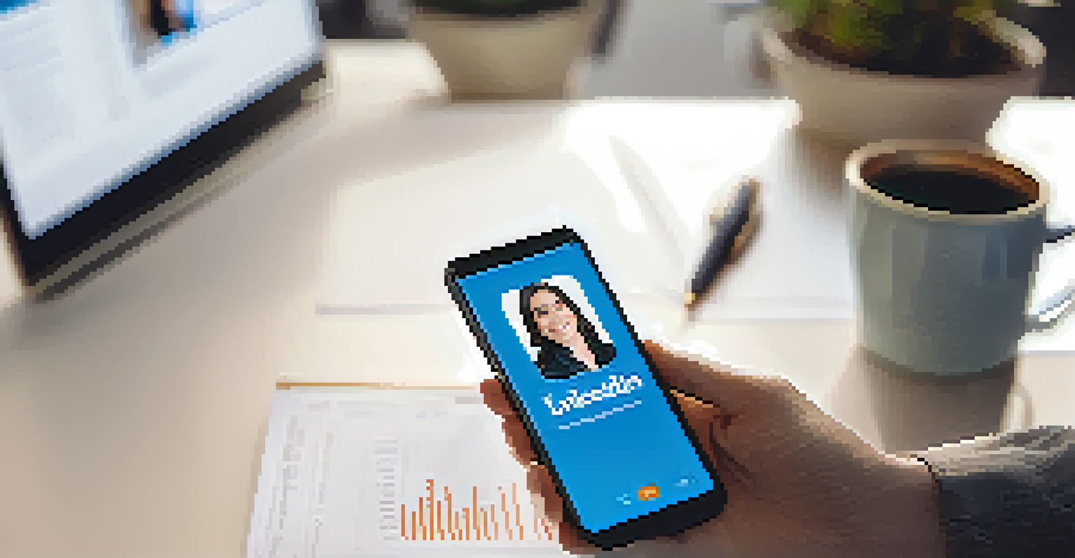 A close-up of a hand holding a smartphone showing a LinkedIn profile, with a modern workspace in the background.