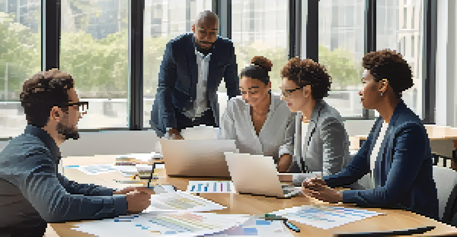 A diverse team of professionals discussing at a table with charts and laptops, in a bright and modern office environment.