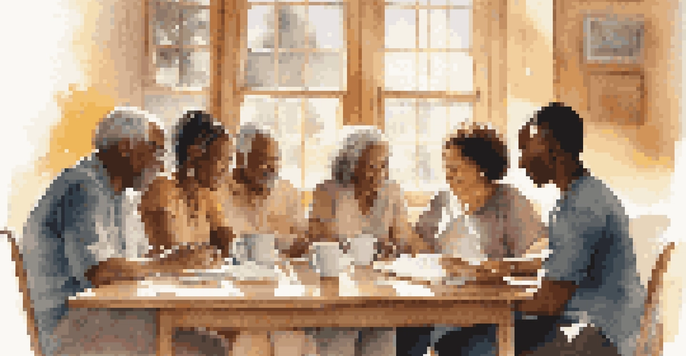 A diverse group of people having a supportive discussion around a table with notebooks and coffee, illuminated by warm sunlight.