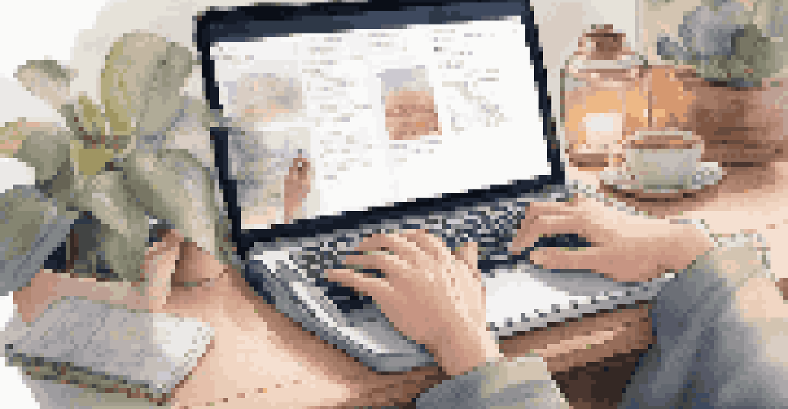 Close-up of hands typing on a laptop in a cozy workspace with a notepad and motivational posters in the background.