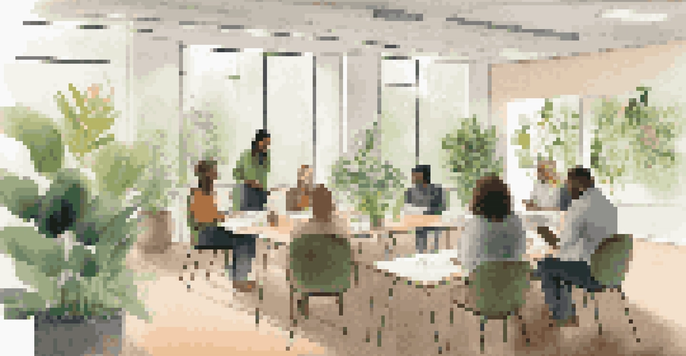A diverse group of employees participating in a mental health workshop in a well-lit office space.