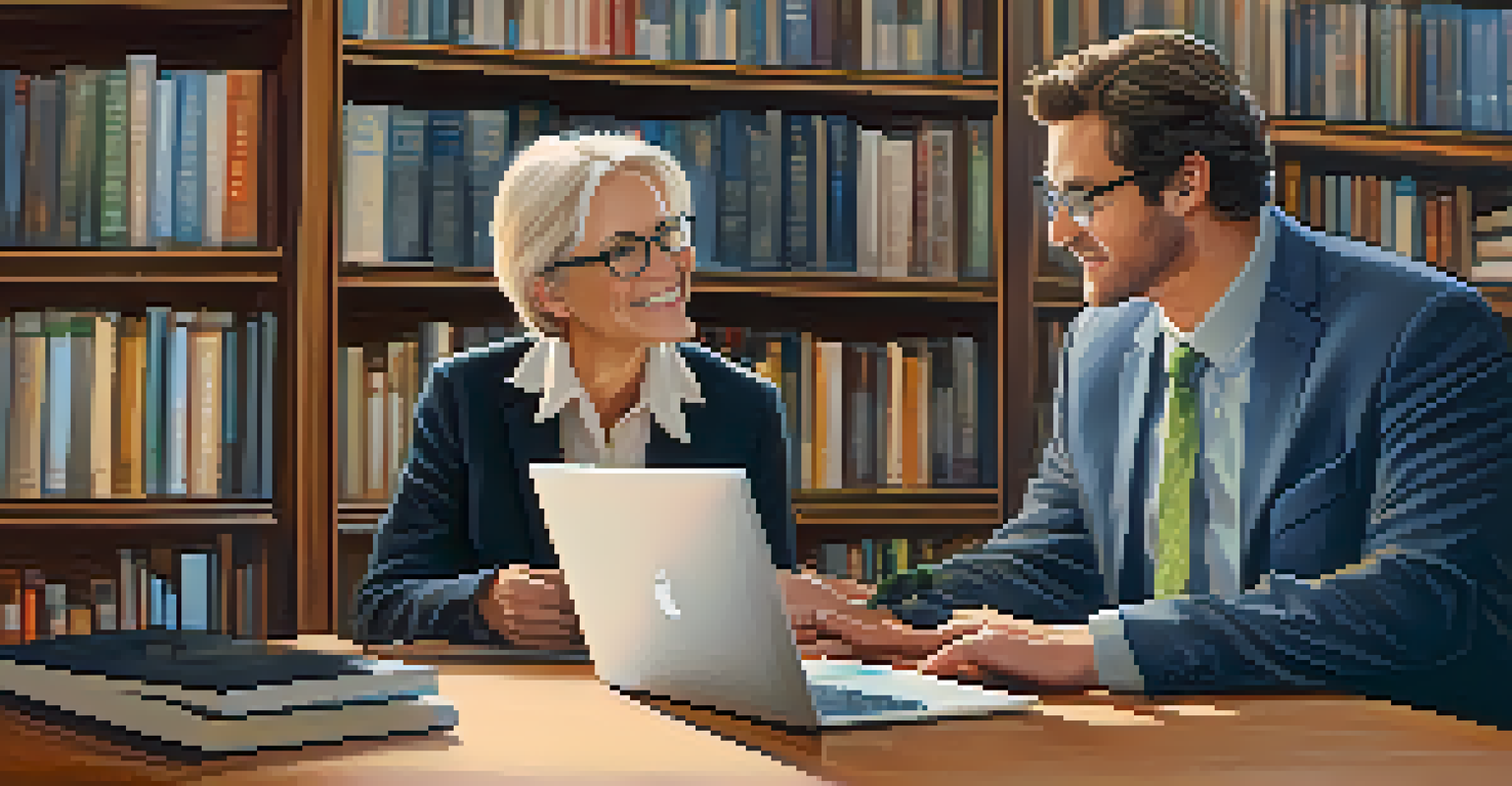 A mentor and a young professional discussing career growth in a cozy office nook, with a laptop showing a growth chart.