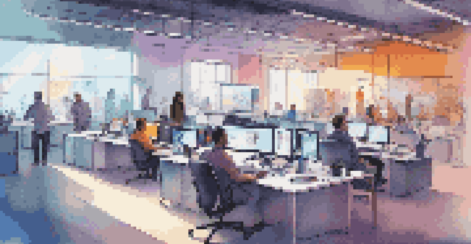 A person observing a group of professionals collaborating in a colorful tech workspace filled with gadgets.