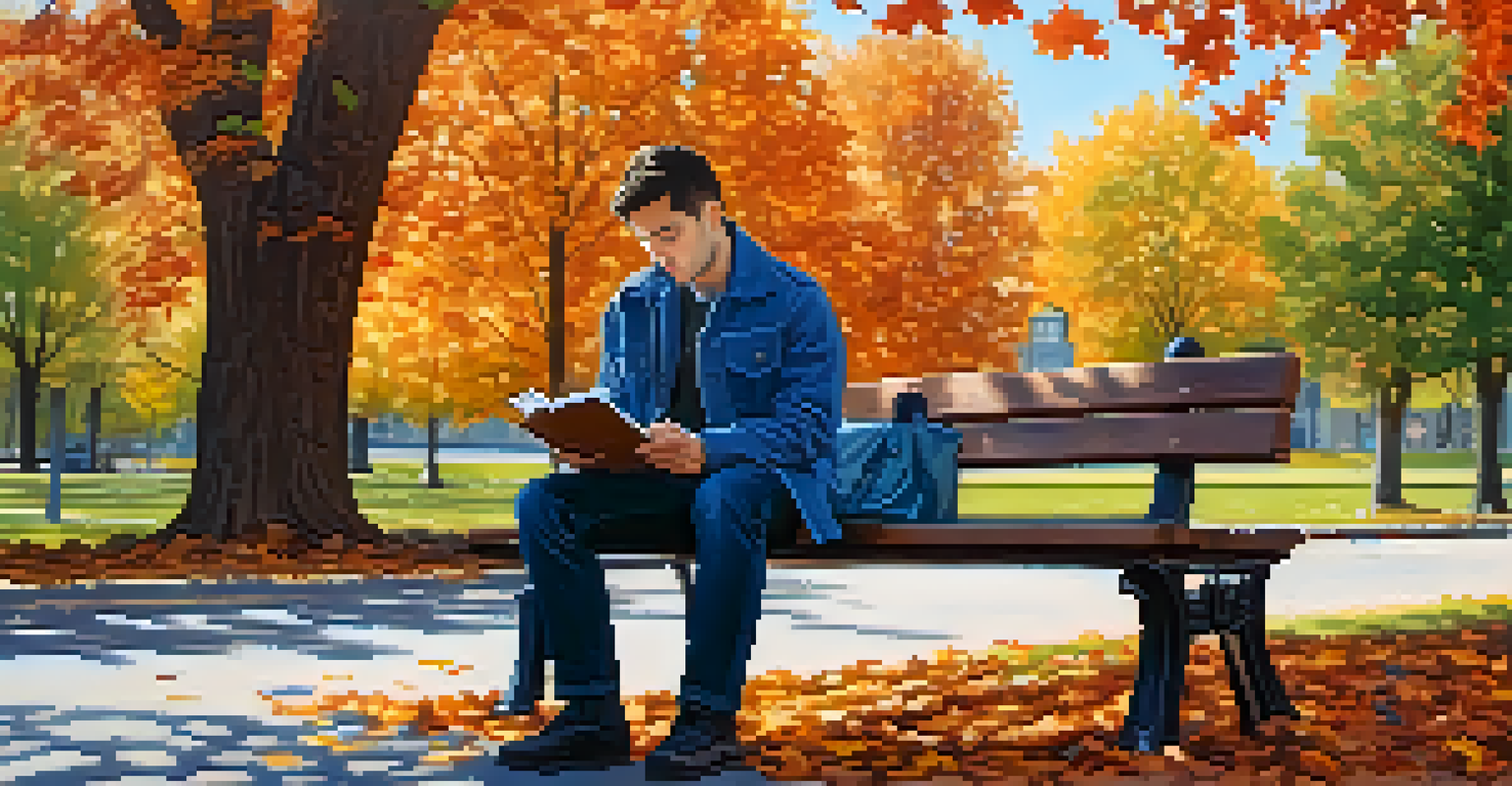 A person journaling on a park bench surrounded by autumn leaves and a blue sky.