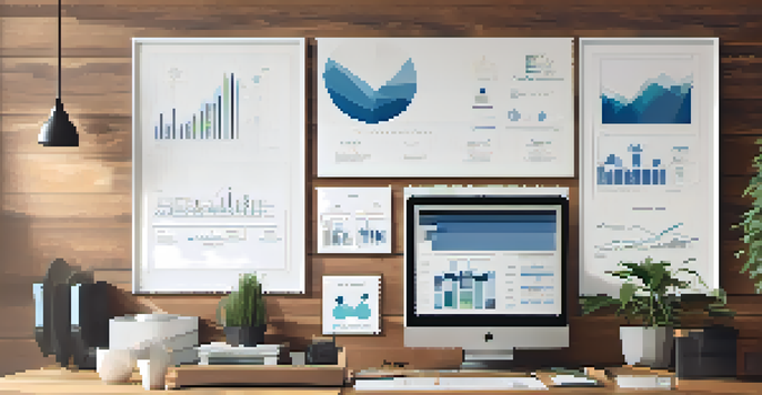 A professional portfolio displayed on a desk with graphs and charts, surrounded by a plant and laptop, under soft natural light.