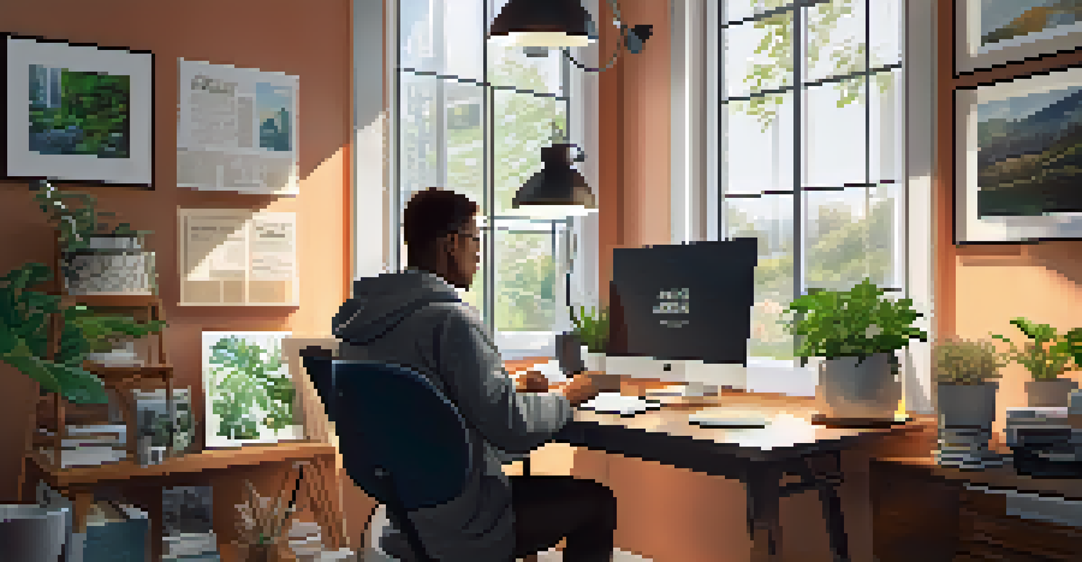 A person in a cozy home office working on a laptop, surrounded by motivational posters and plants, with natural light coming in through a window.