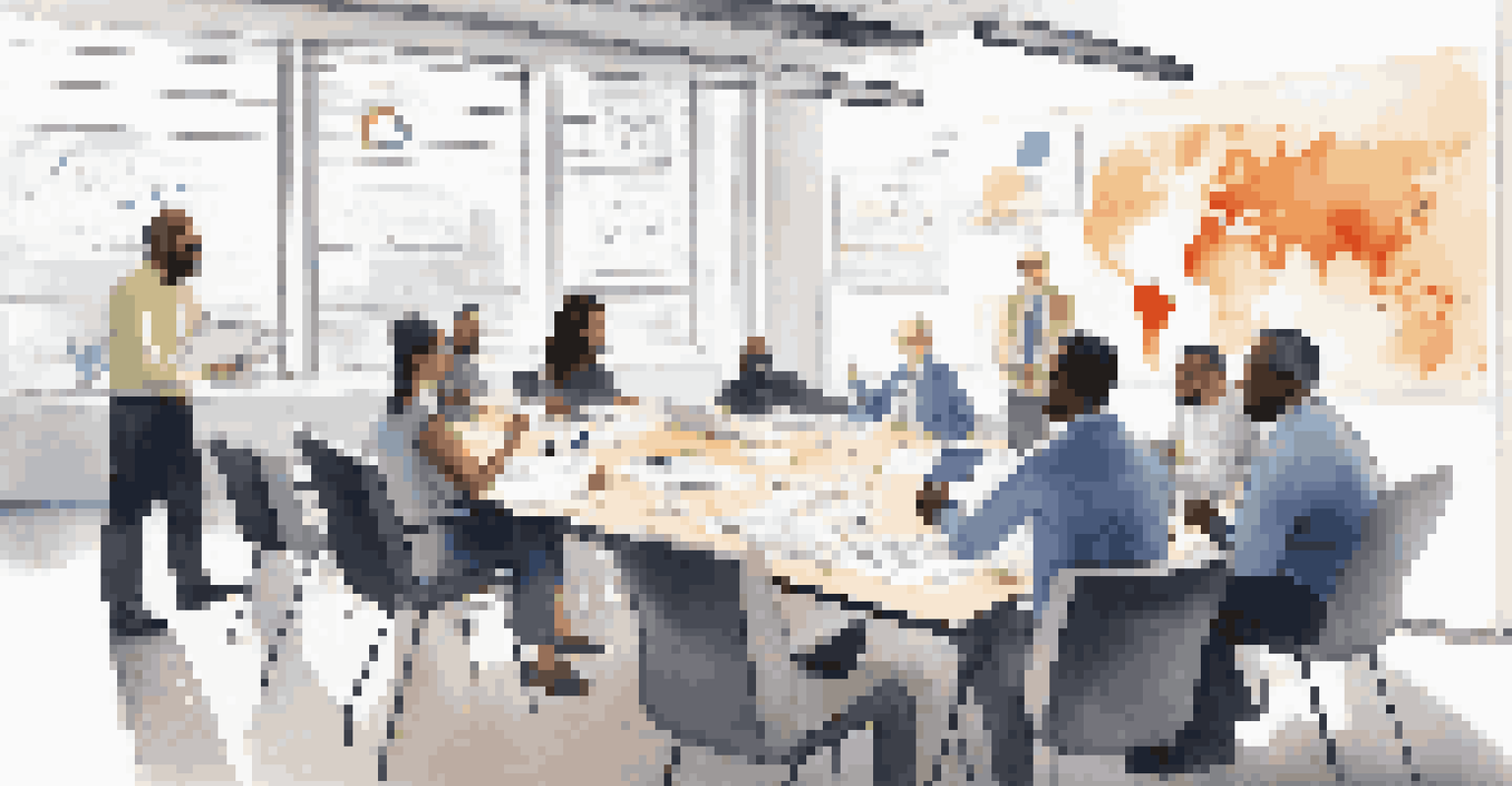 A group of diverse professionals discussing around a conference table with charts on a screen.