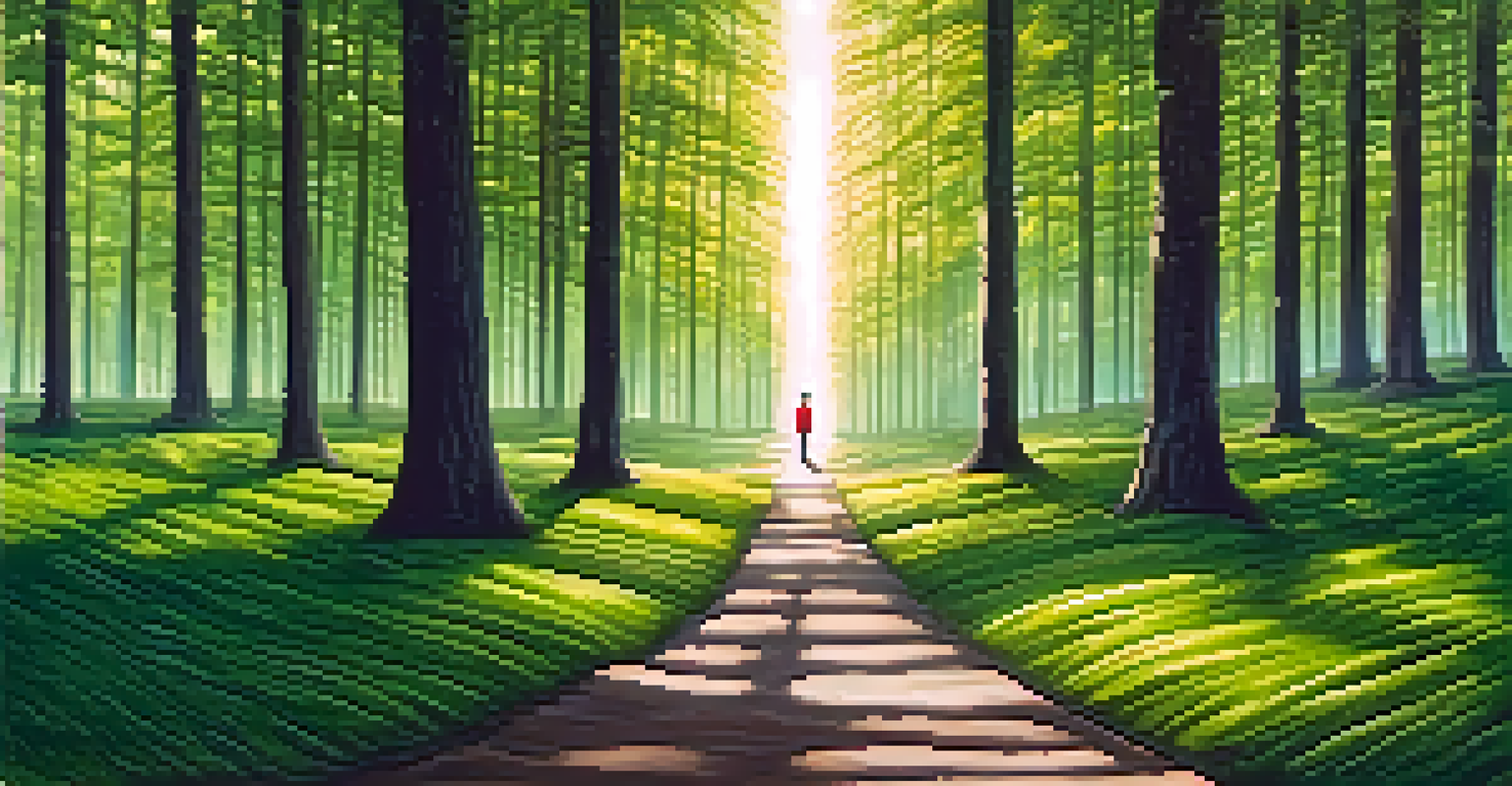 An individual at a crossroads in a vibrant forest, looking at two different paths under sunlight, representing choices in personal development.