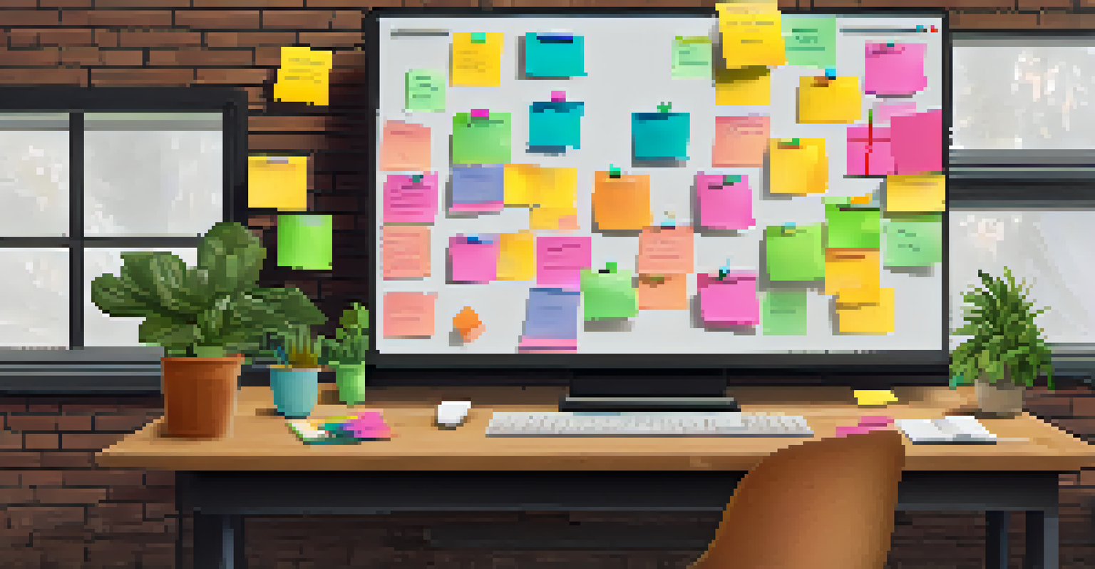A cozy workspace with a laptop showing a virtual brainstorming session, surrounded by colorful sticky notes and plants.