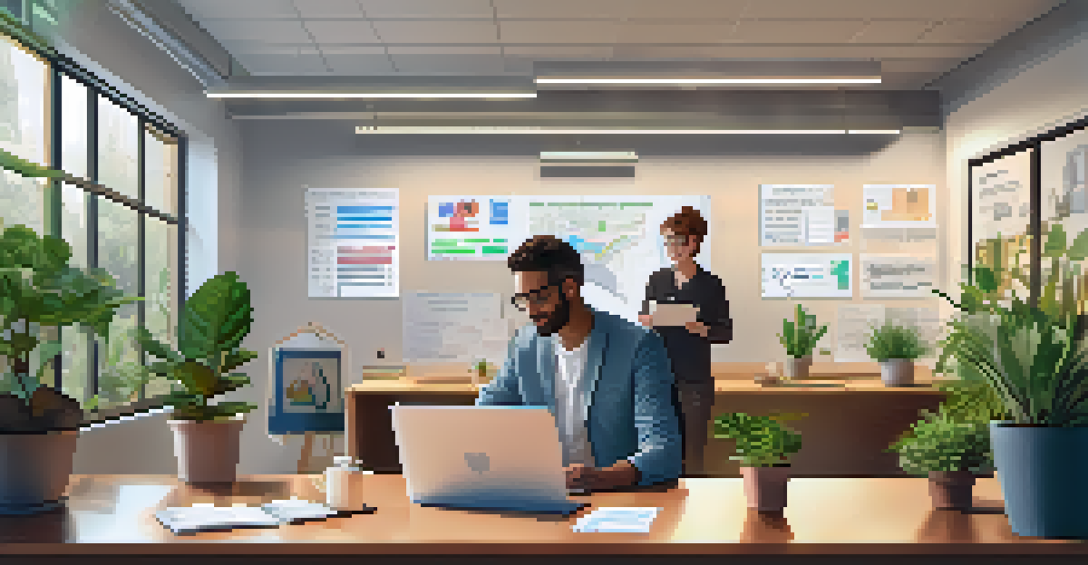 Two colleagues in a modern workspace, discussing a project together with a laptop, surrounded by plants and motivational posters.