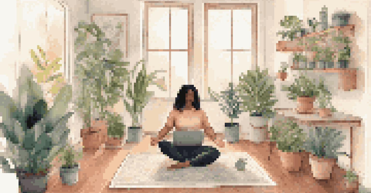 A person meditating on a yoga mat in a home office surrounded by plants, with a serene atmosphere.