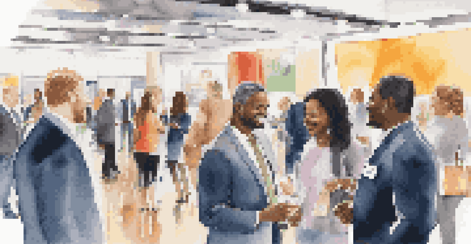 A vibrant networking event with diverse professionals engaging in conversation and exchanging business cards in a modern setting.