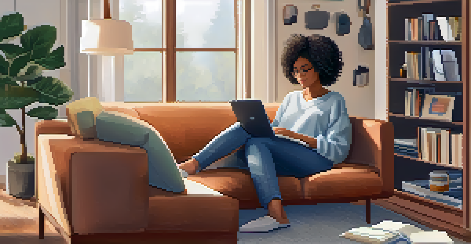 A person learning online on a couch with a tablet, coffee mug, and a relaxed atmosphere, showcasing the convenience of at-home education.