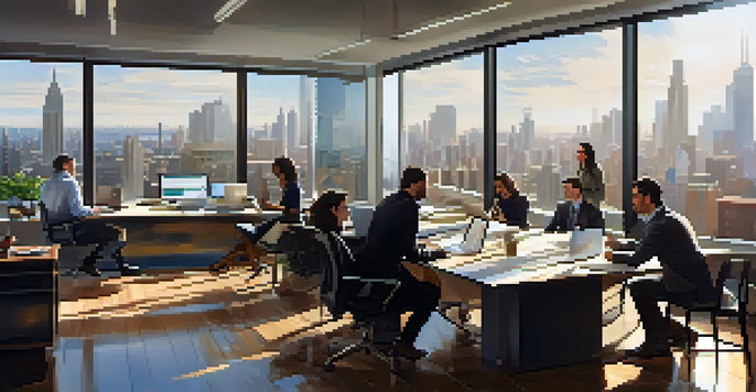 A diverse group of professionals collaborating in a modern office with large windows and city skyline view.