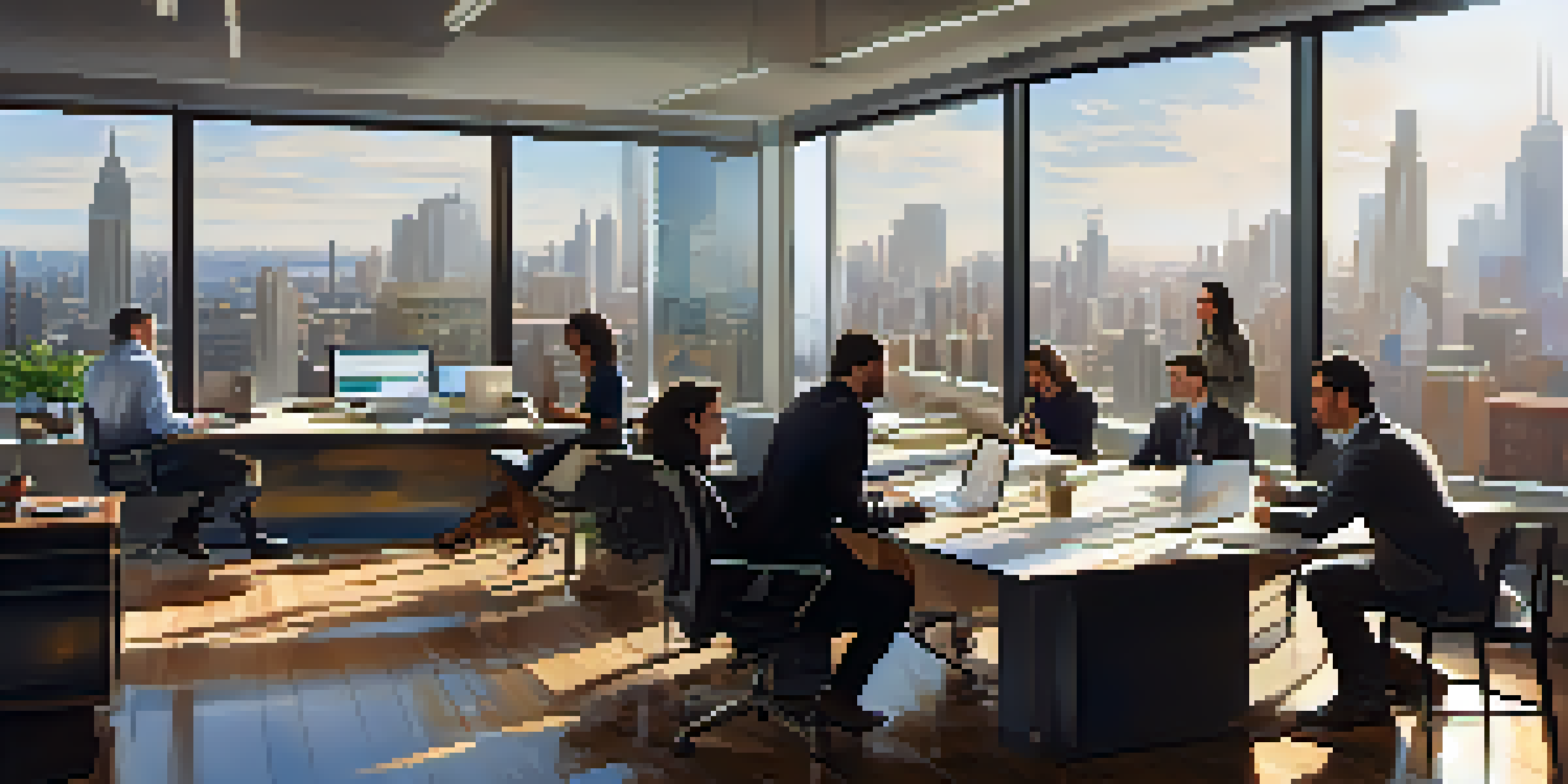 A diverse group of professionals collaborating in a modern office with large windows and city skyline view.