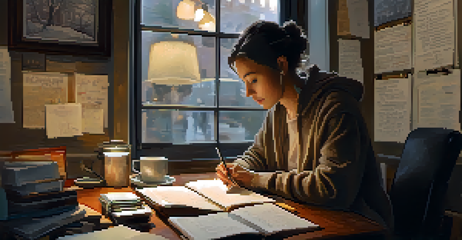 An individual journaling at a desk, surrounded by motivational quotes and a coffee cup, showing deep contemplation.