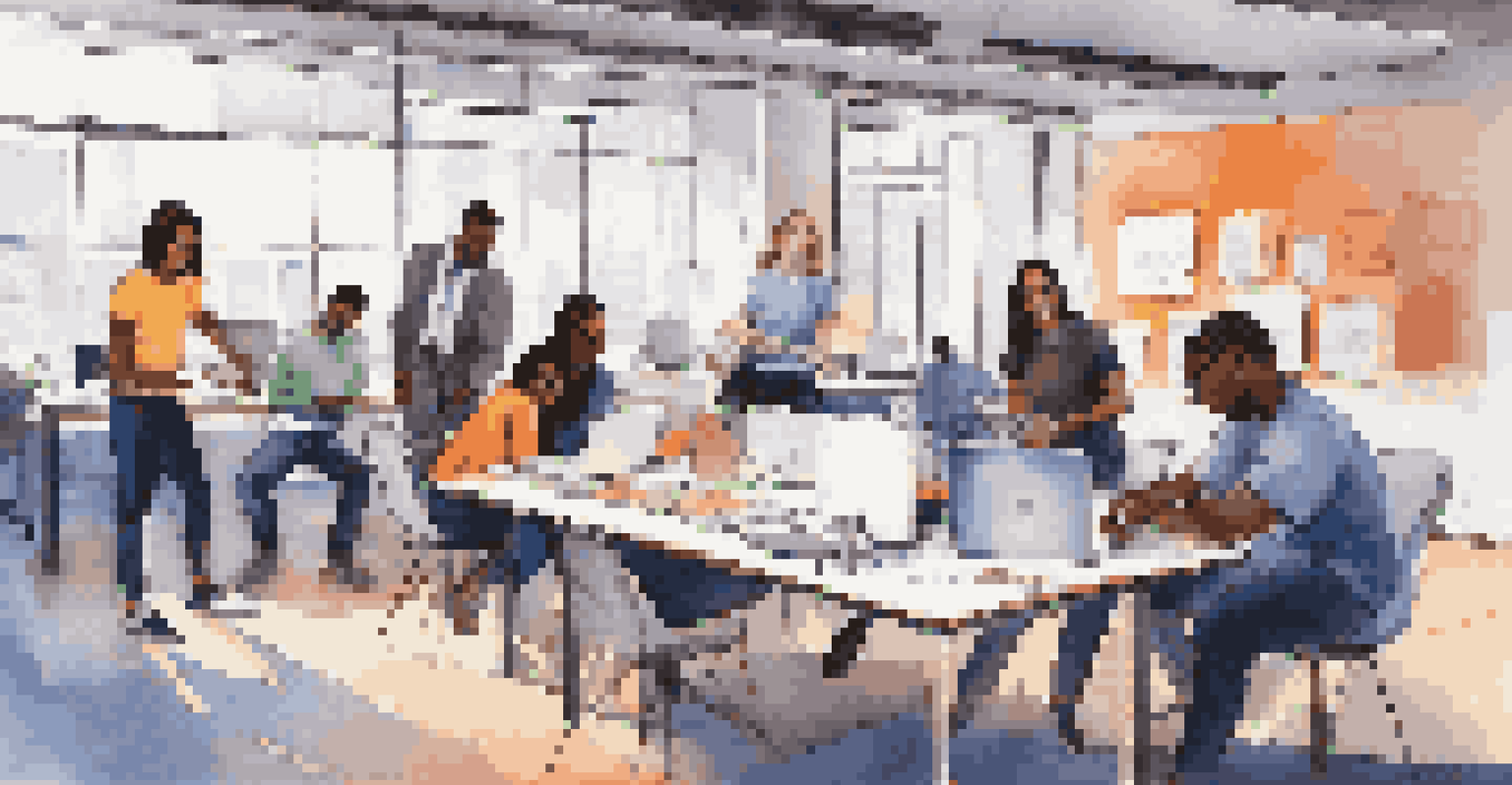 A diverse group of interns working together at a table in a modern office, with laptops and documents spread out, representing collaboration.
