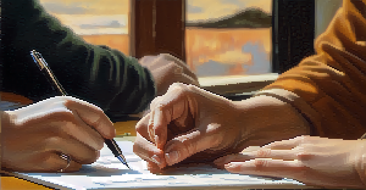 Close-up of hands showing active listening with a notebook in a soft-focused background.