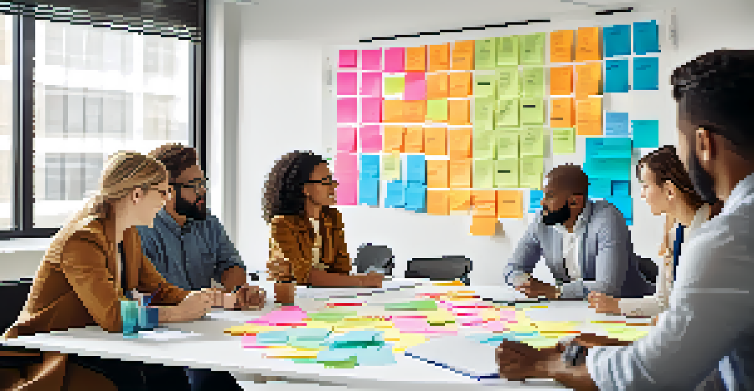 A group of diverse professionals collaborating in a bright conference room, surrounded by sticky notes and a whiteboard filled with ideas.