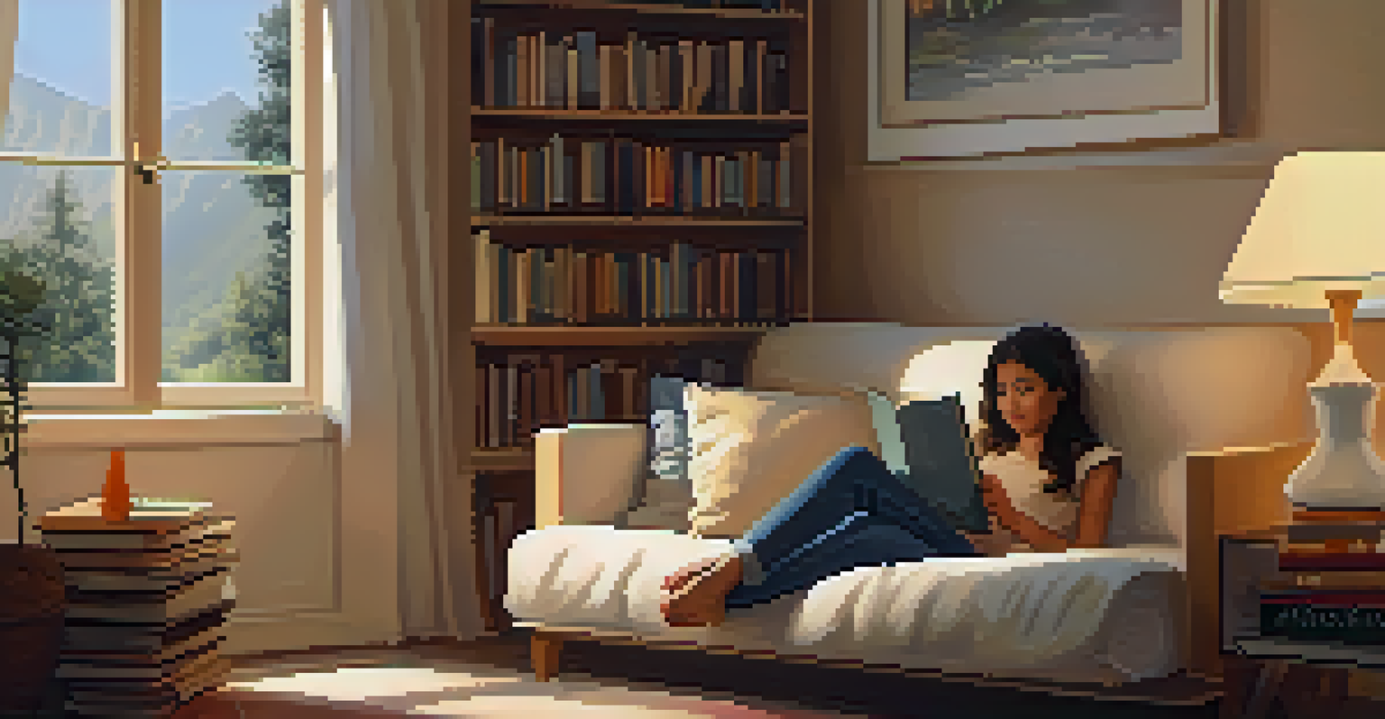 A cozy reading nook with pillows, blankets, and books, illuminated by soft lamp light.