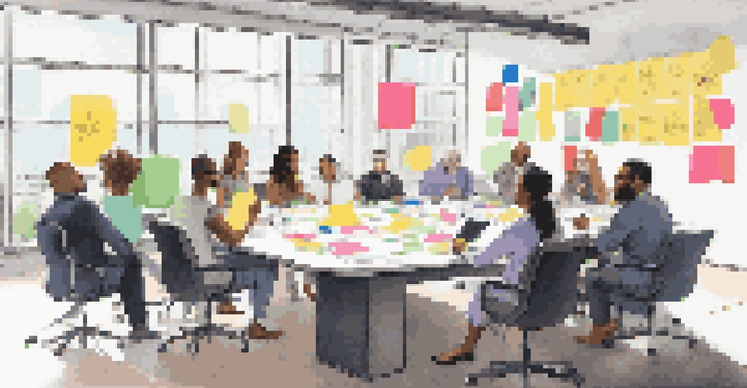 A diverse group of professionals engaged in a brainstorming session at a conference table, with colorful sticky notes around them.