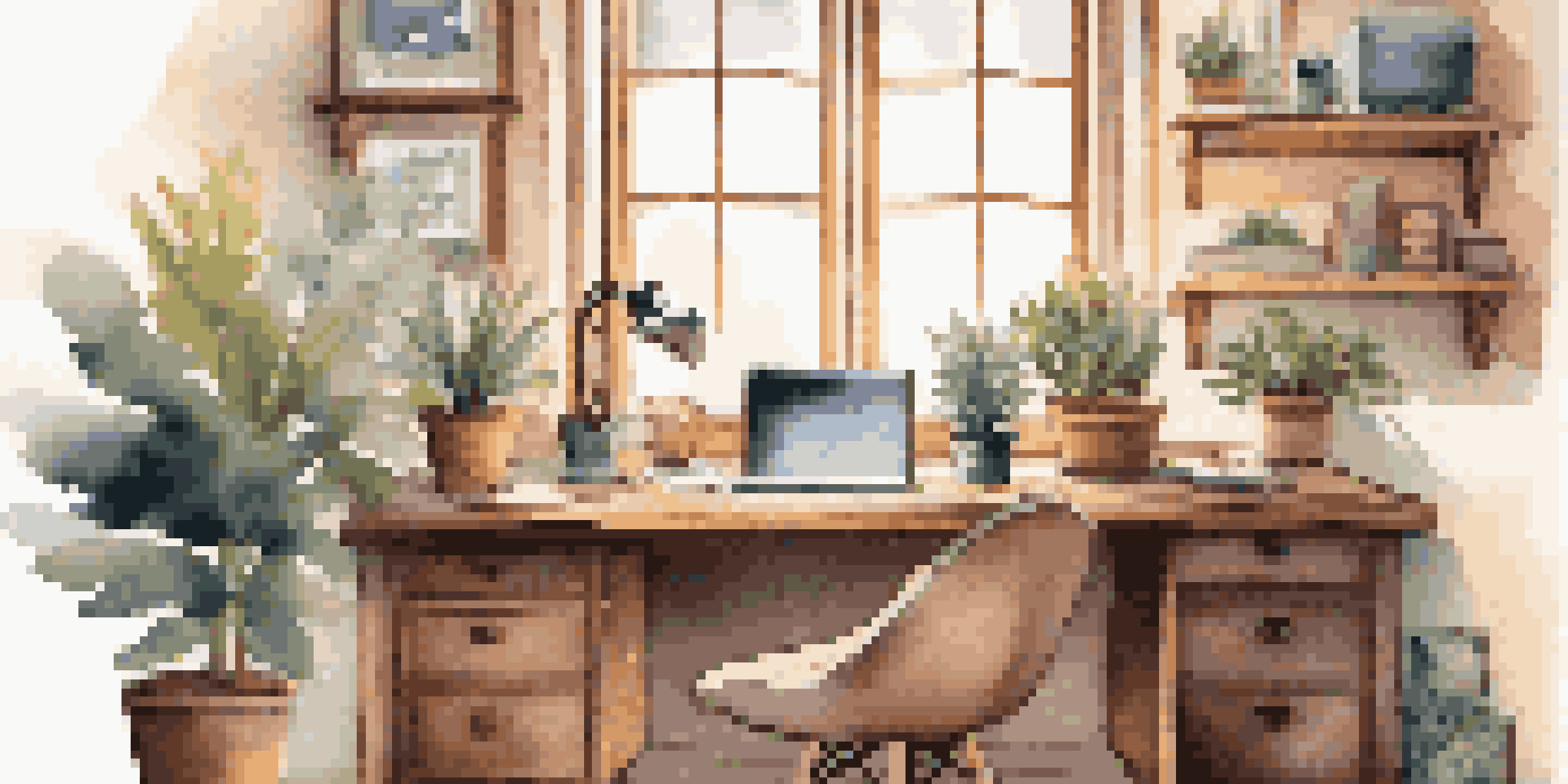 A cozy home workspace with a wooden desk, laptop, potted plants, and soft lighting from a window.