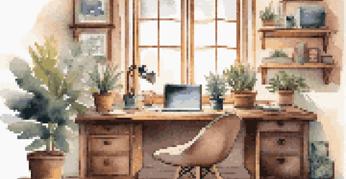 A cozy home workspace with a wooden desk, laptop, potted plants, and soft lighting from a window.