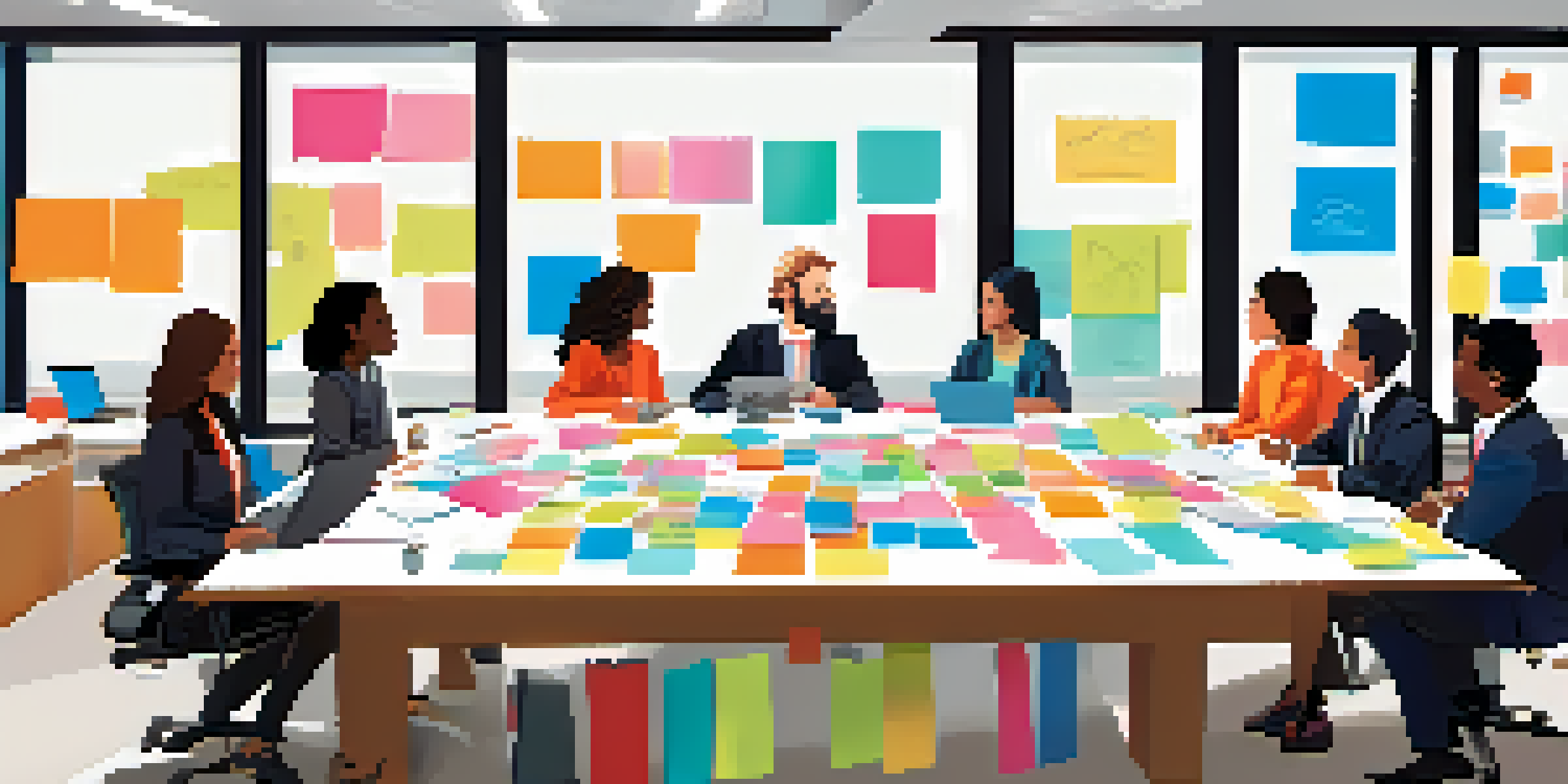 A diverse group of professionals collaborating in a bright conference room filled with charts and sticky notes.