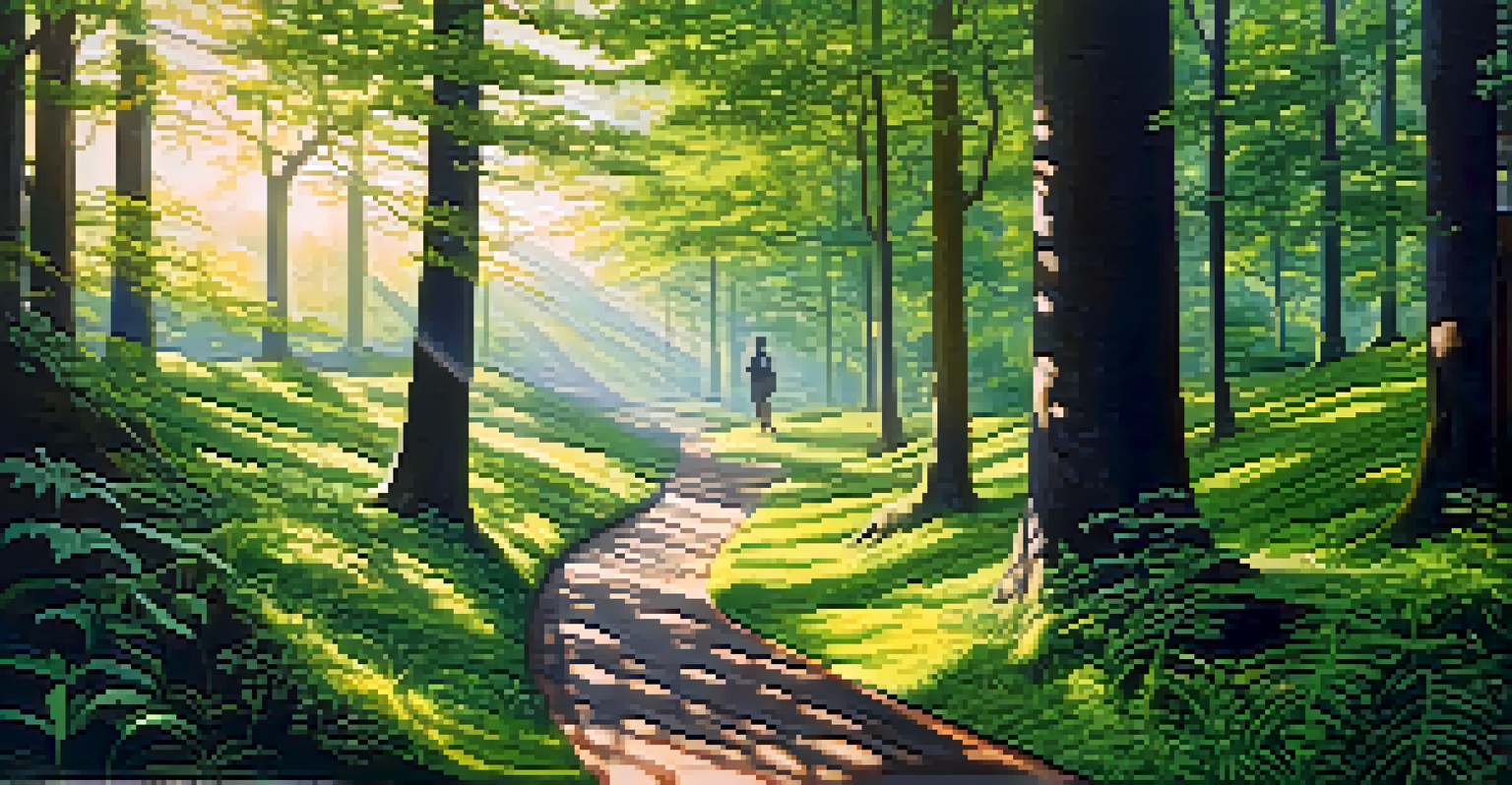 A person looking at a map on a winding path in a green forest, with sunlight filtering through trees.