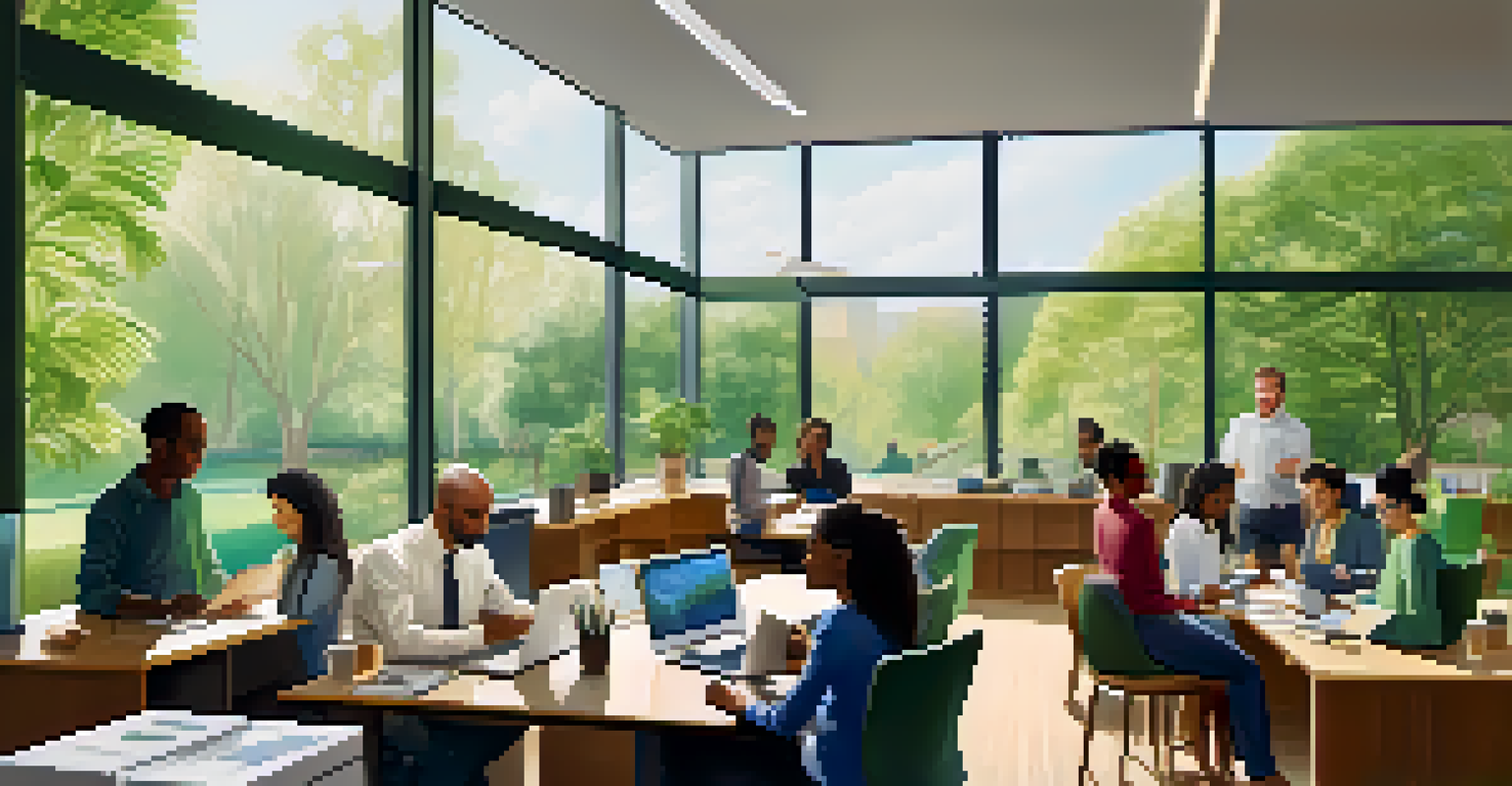 Employees of various backgrounds collaborating at a communal table in a bright office with a view of a park.