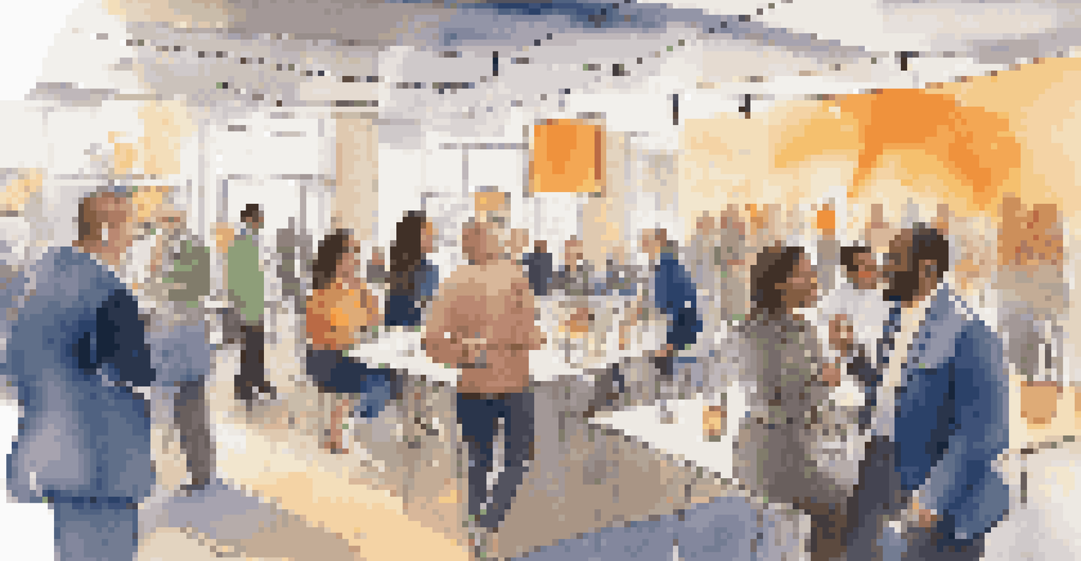 Diverse professionals networking at an event, discussing financial topics with a lively atmosphere.