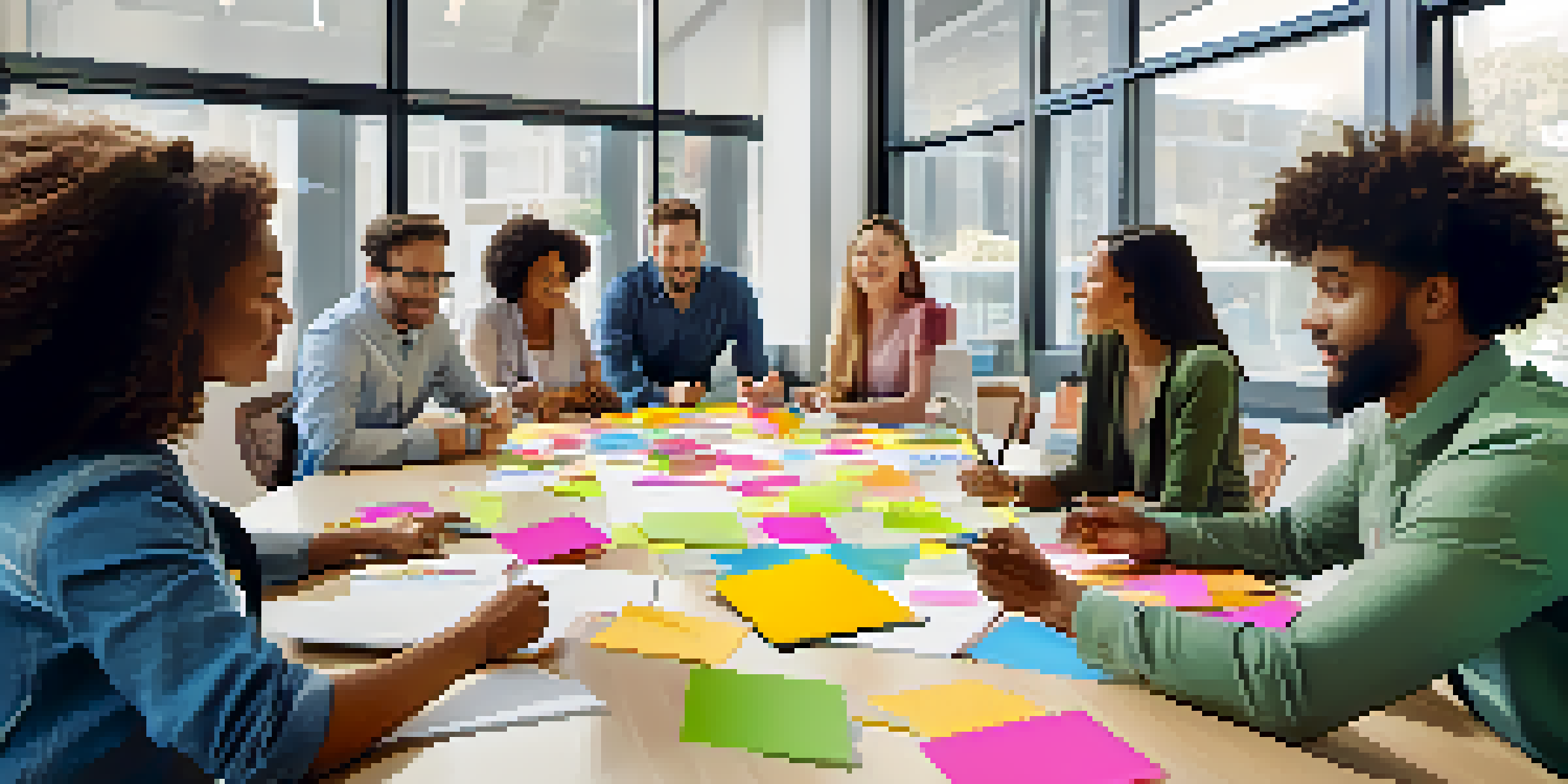 A diverse team of employees collaborating in a bright conference room, sharing ideas around a table filled with sticky notes.