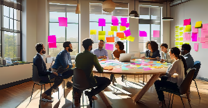 A diverse group of professionals collaborating around a table filled with sticky notes and a laptop in a bright office space.