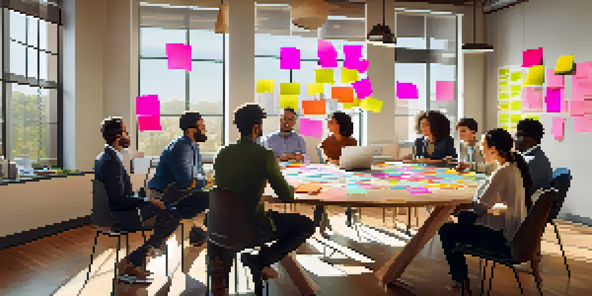 A diverse group of professionals collaborating around a table filled with sticky notes and a laptop in a bright office space.
