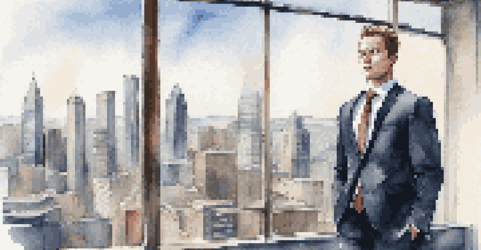 A young professional in business attire looking out at a city skyline, representing ambition and career goals.