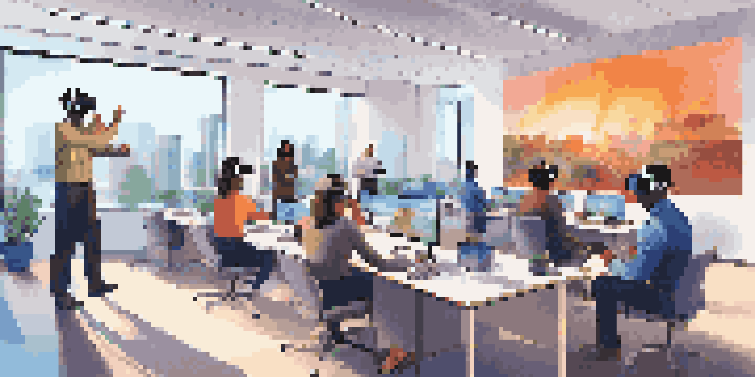A group of diverse employees participating in a virtual reality training session, wearing VR headsets and engaging with interactive content in a modern office.