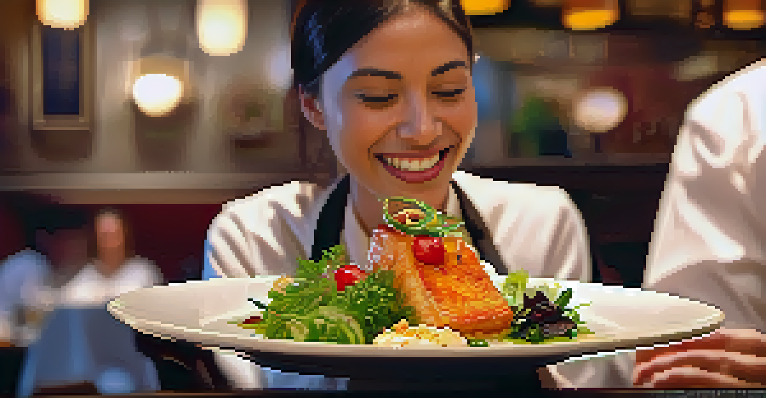 A restaurant staff member serving a culturally appropriate dish to a satisfied customer in a warm and inviting dining environment.