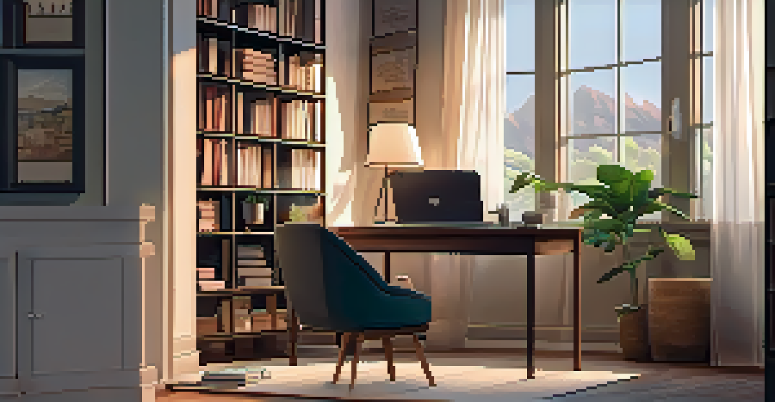 A cozy home office featuring an armchair, bookshelf, desk with a computer and plant, and warm ambient lighting from a window.