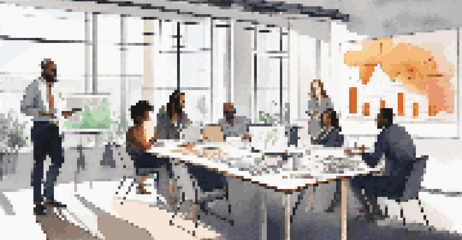 A diverse group of professionals collaborating in a modern office, discussing ideas around a large table.