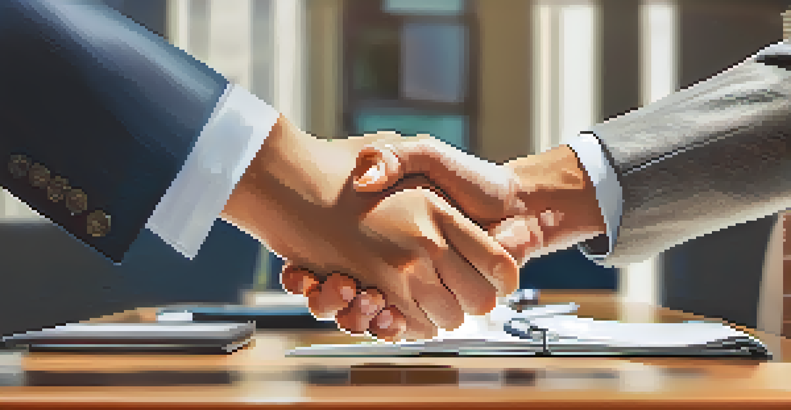 A close-up of a handshake between two professionals after a successful salary negotiation in an office.