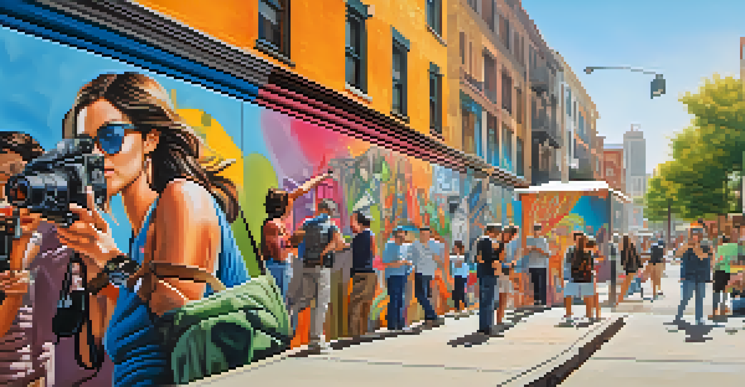 A freelance photographer in an urban setting, surrounded by street art and pedestrians, adjusting their camera in bright daylight.