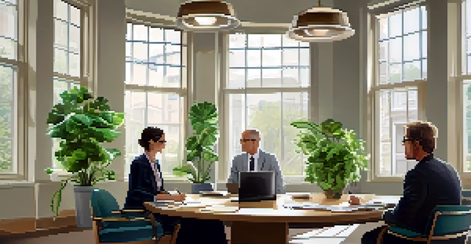 An office setting where a mediator is guiding two colleagues in a discussion, with natural light and plants enhancing the environment.