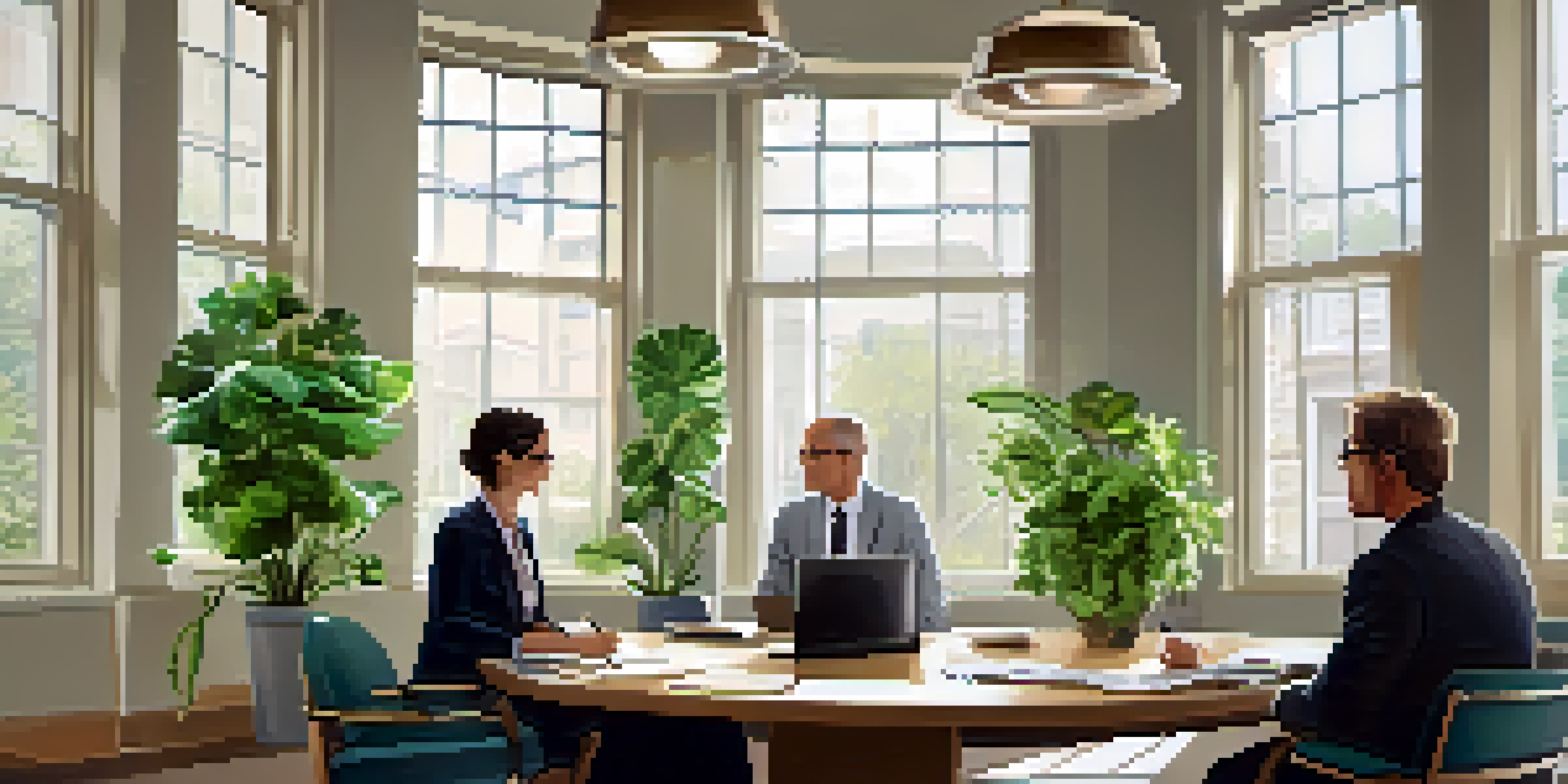 An office setting where a mediator is guiding two colleagues in a discussion, with natural light and plants enhancing the environment.