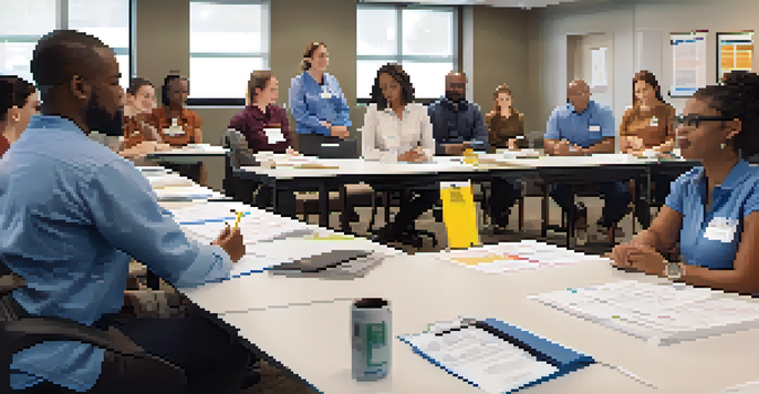 A group of diverse employees actively participating in a safety training workshop with a trainer and safety materials in a well-lit room.