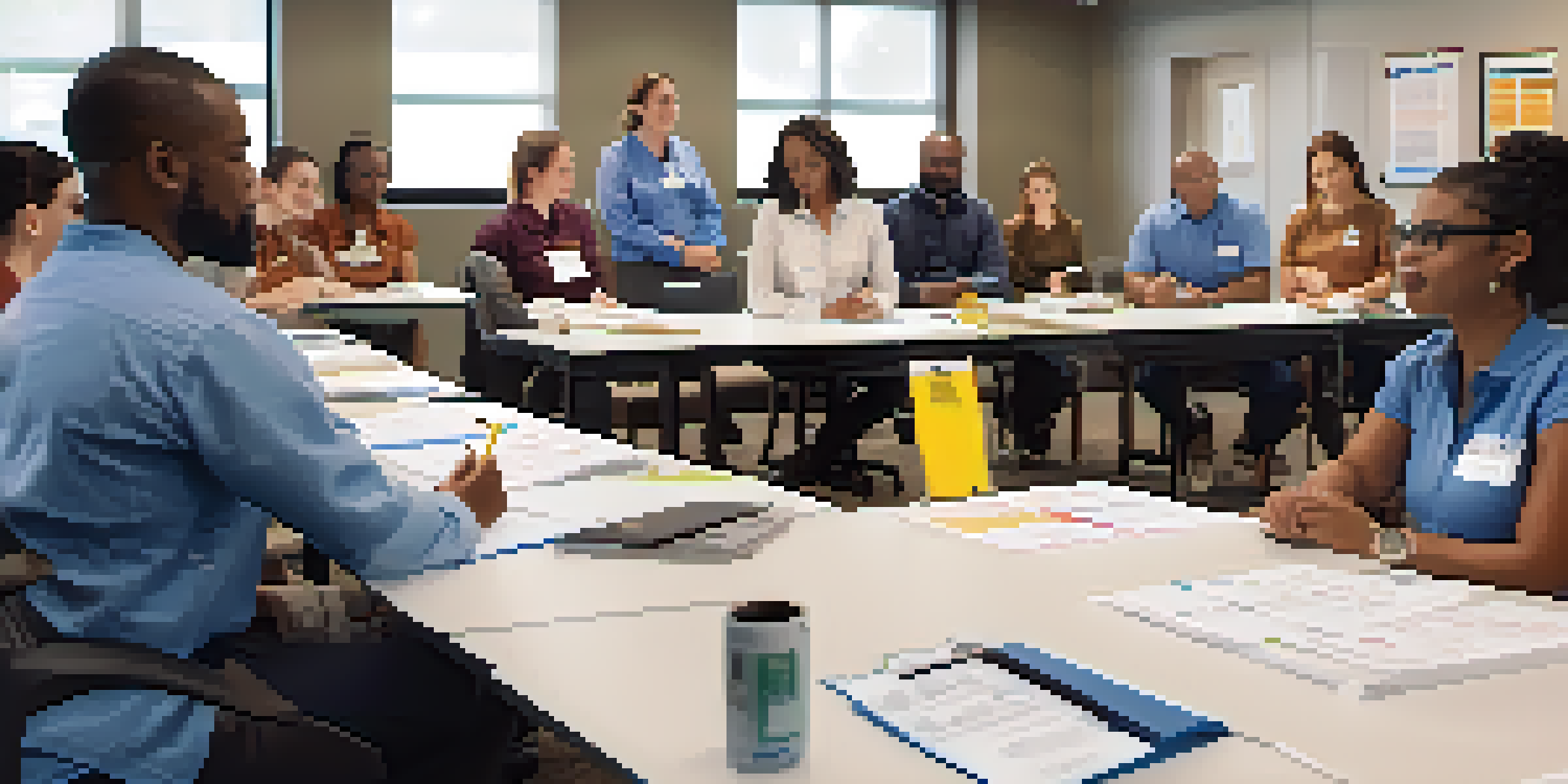 A group of diverse employees actively participating in a safety training workshop with a trainer and safety materials in a well-lit room.