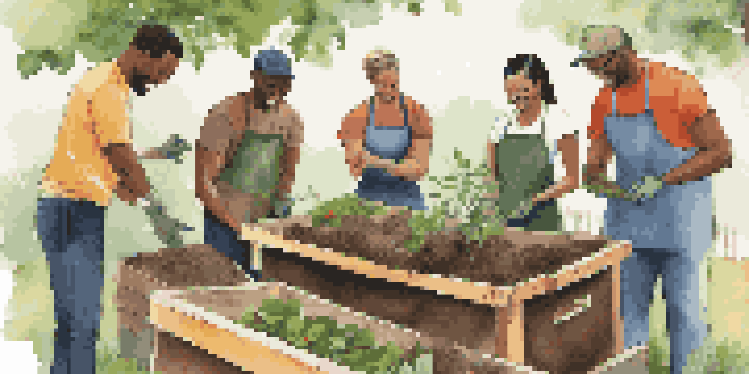 A group of diverse employees participating in an outdoor workshop on creating compost bins, surrounded by greenery and composting materials.