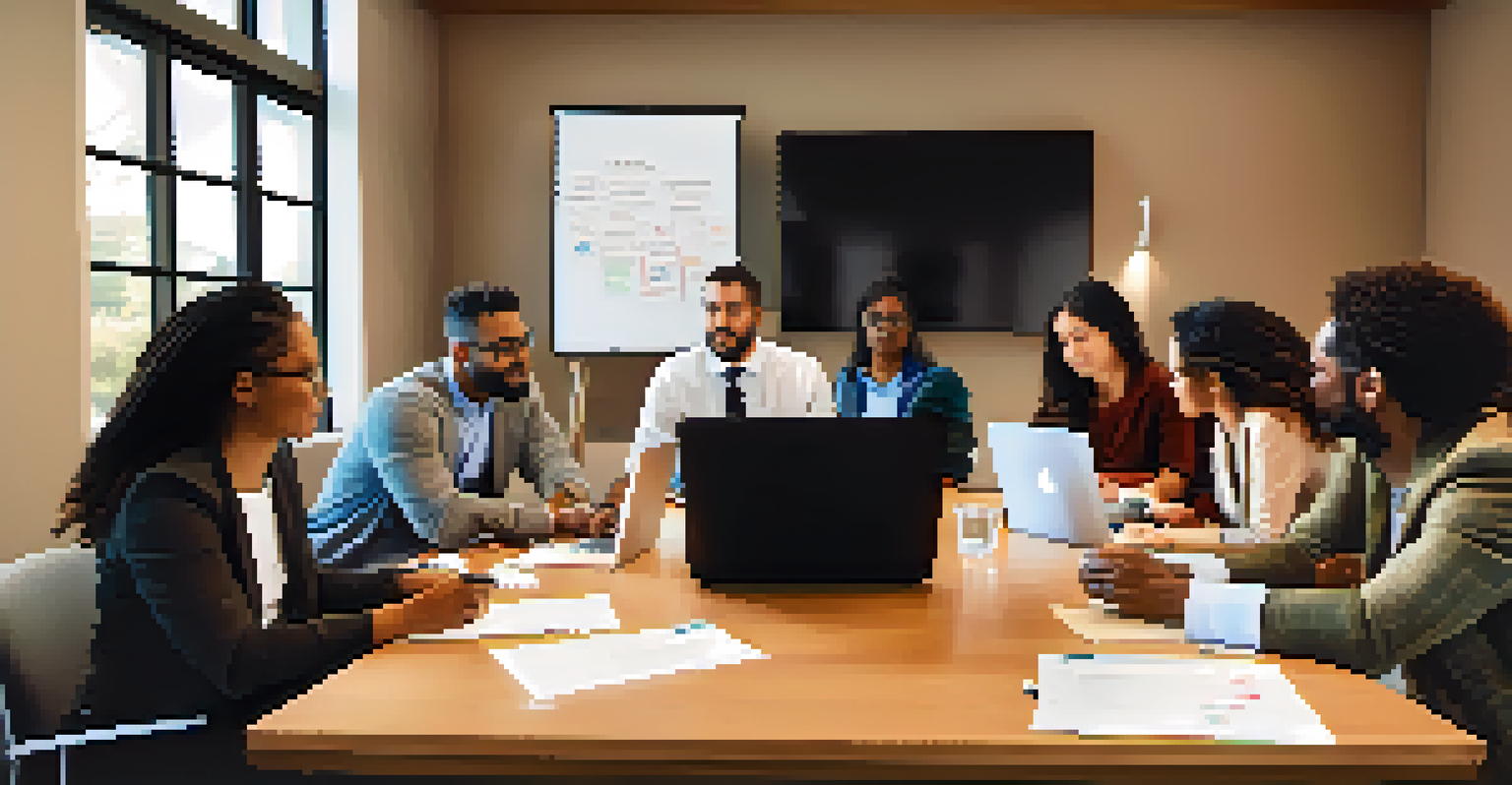 A diverse group of professionals engaged in a mentoring session in a cozy conference room with a whiteboard.