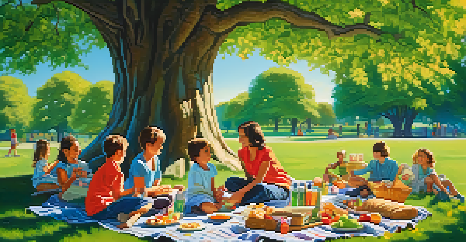 A family having a picnic in a park under a tree, surrounded by greenery and flowers.